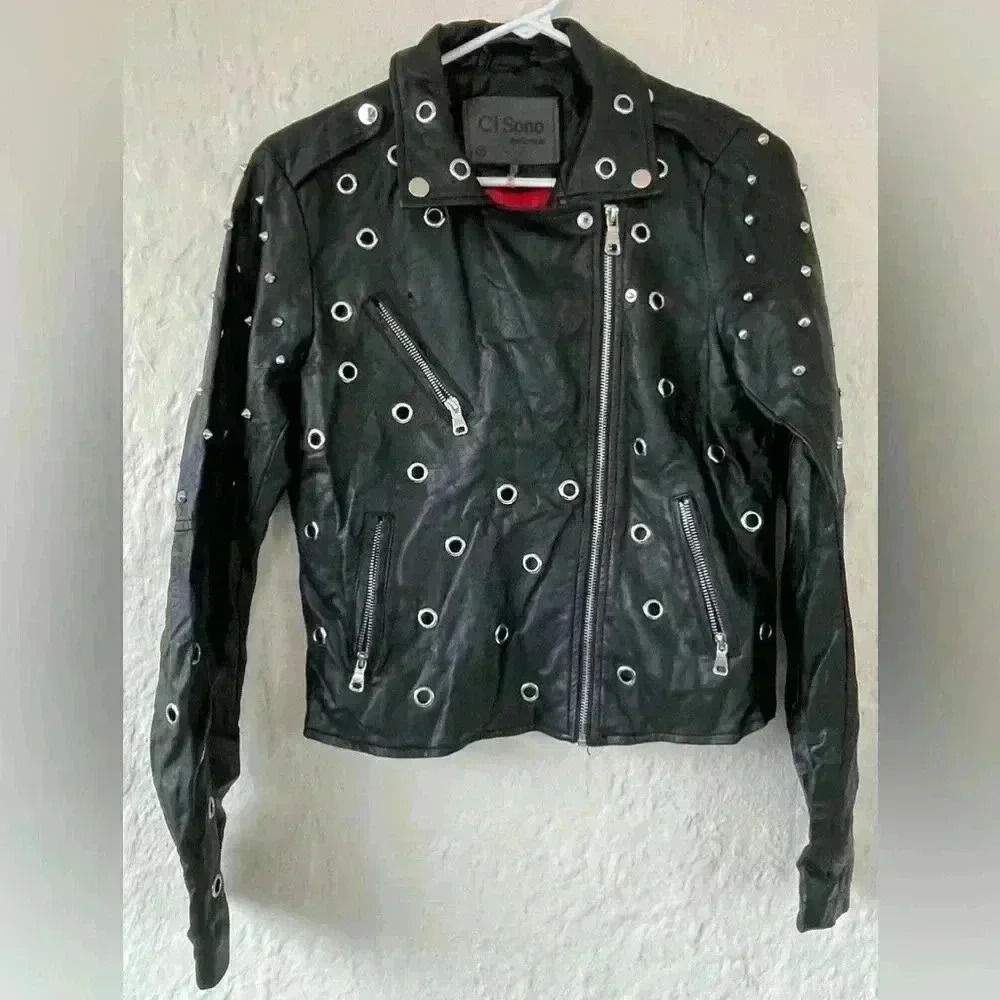 Ci Sono Black Faux Leather Silver Spiked Embellishment Jacket; size S